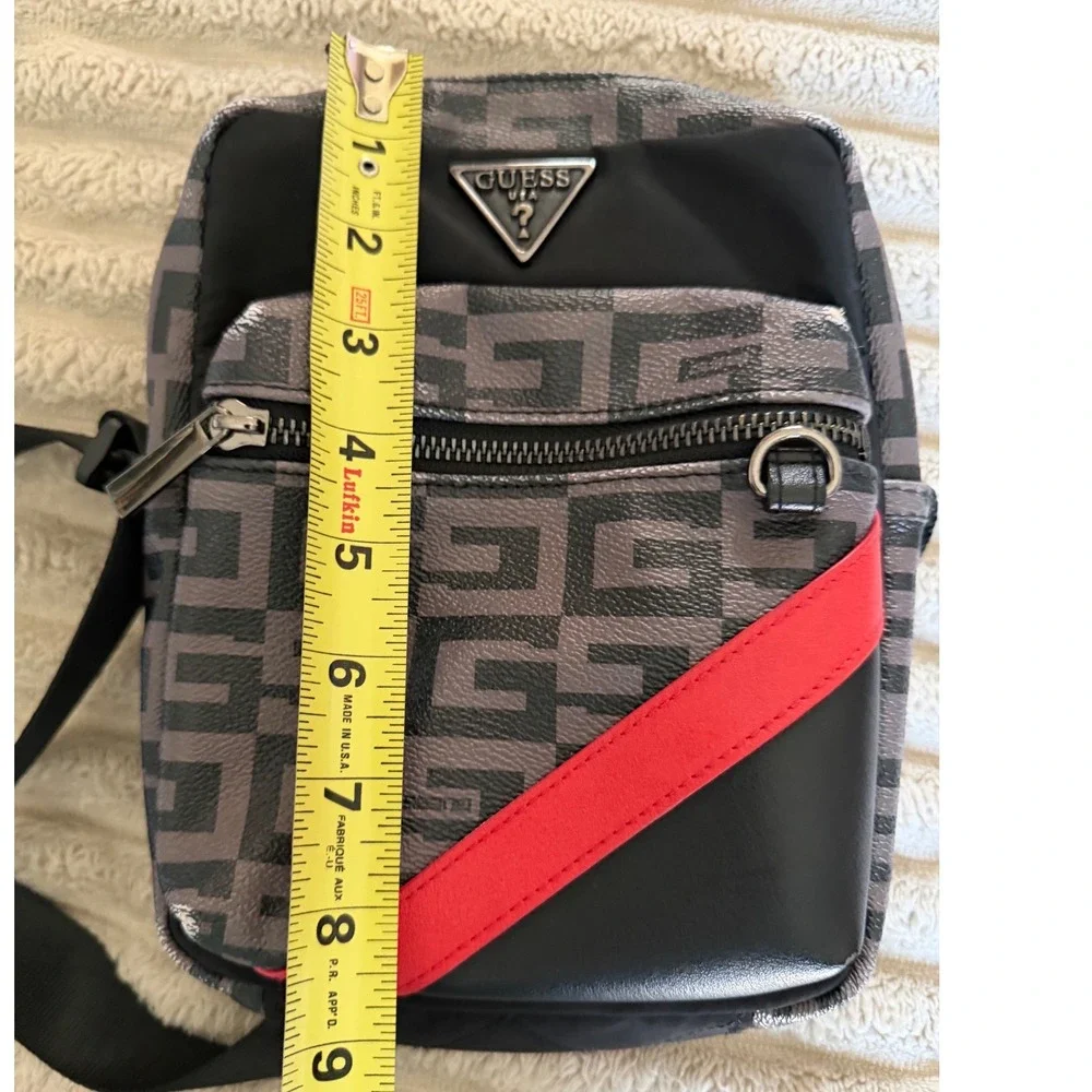 Guess USA Crossbody Messenger Bag Grey Black Geometric Logo‎ Red Stripe Small